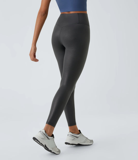 SoftlyZero™ Faux Leather Crossover Pocket Foil Print Stretchy Casual Leggings
