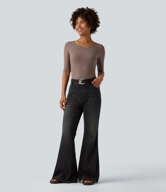 Ribbed Knit Scoop Neck Half Sleeve Casual T-Shirt
