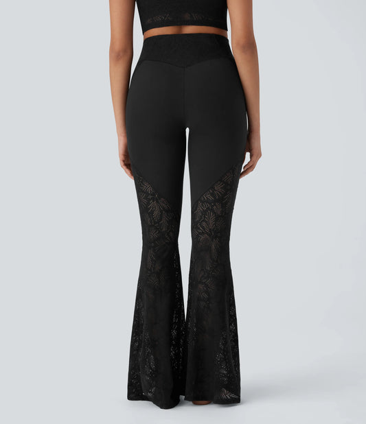 SoftlyZero™ High Waisted Crossover Pocket Contrast Lace Flare Yoga Leggings