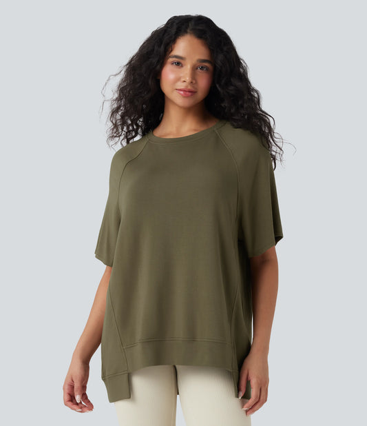 Round Neck Short Sleeve High Low Casual Top