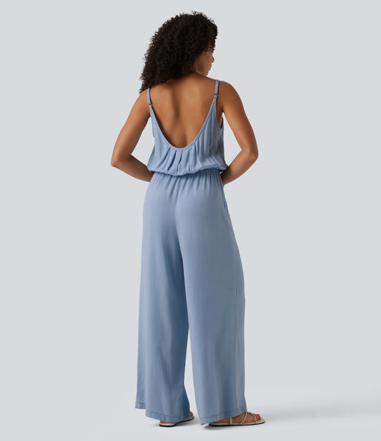 Wide Leg Denim Casual Slip Jumpsuit with Pockets