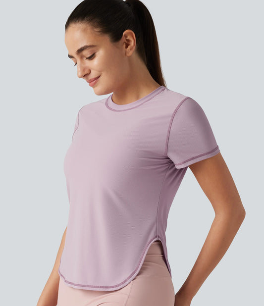 Round Neck Short Sleeve Curved Hem Breathable Mesh Yoga Sports Top