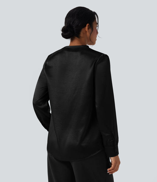 V-neck Long Sleeve Satin Work Top