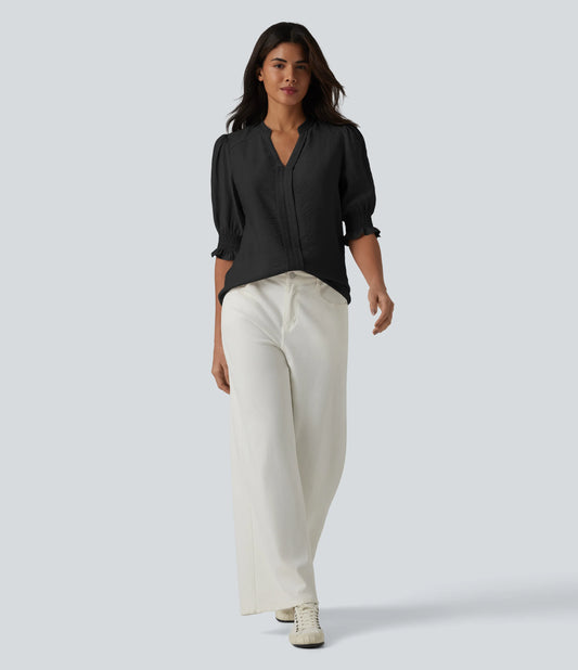 V Neck Puff Short Sleeve Casual Blouse