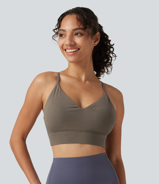 Ribbed Knit Low Support V Neck Built-in Bra Crisscross Yoga Sports Bra