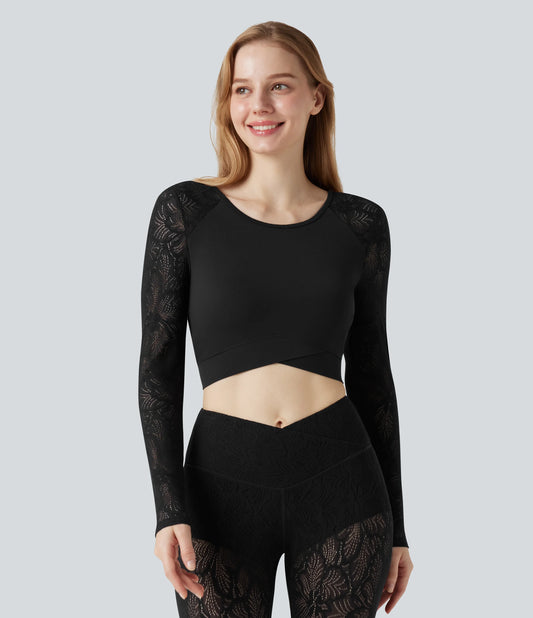 SoftlyZero™ Contrast Lace Crossover Hem Long Sleeve Cropped Yoga Sports Top-UPF50+