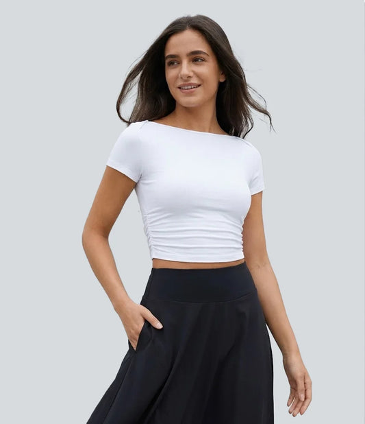 Slash Neck Short Sleeve Ruched Cropped Casual Baby Tee
