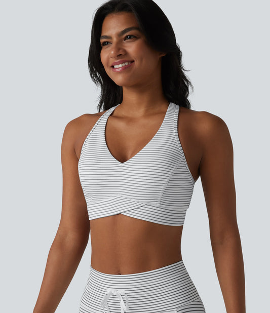 Medium Support V Neck Built-in Bra Racerback Stripe Training Sports Bra