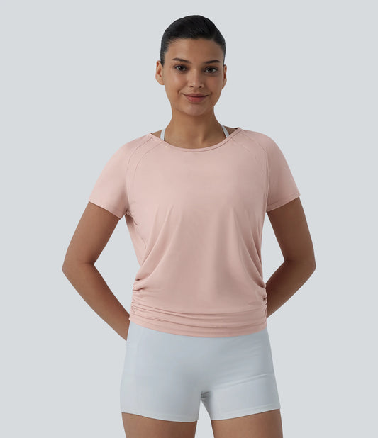 Round Neck Short Raglan Sleeve Cut-out Back Ruched Yoga Sports Top