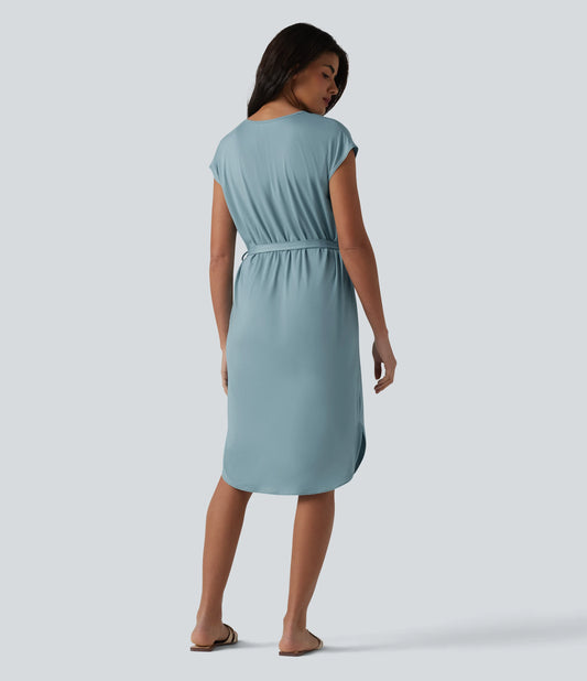 V-neck Short Sleeve Belted Curved Hem Casual T-Shirt Dress