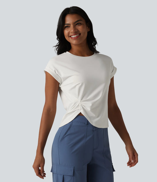 Round Neck Short Sleeve Curved Split Hem Casual T-Shirt
