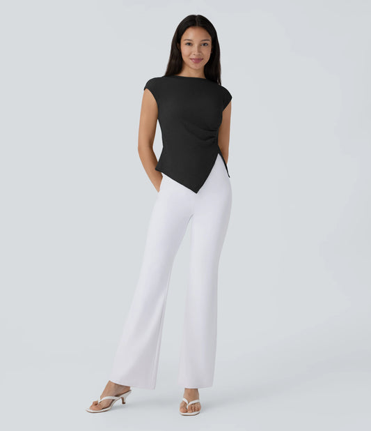 Slash Neck Short Sleeve Ruched Asymmetric Hem Casual Top