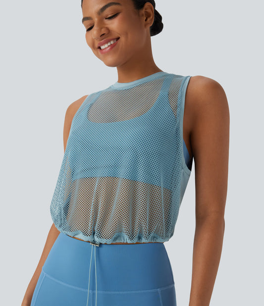 Sheer Mesh Cut Out Drawstring Hem Running Tank Top