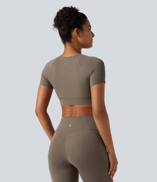 Halara UltraSculpt™ V Neck Built-in Bra Short Sleeve Crossover Hem Cropped Workout Sports Top