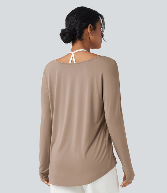 Deep V-neck Long Sleeve Thumb Holes Relaxed T-Shirt-Front and Back Wearable